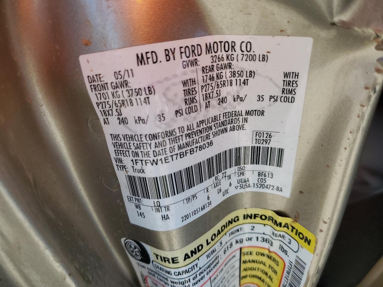 1FTFW1ET7BFB78036 2011 Ford F150 Supercrew