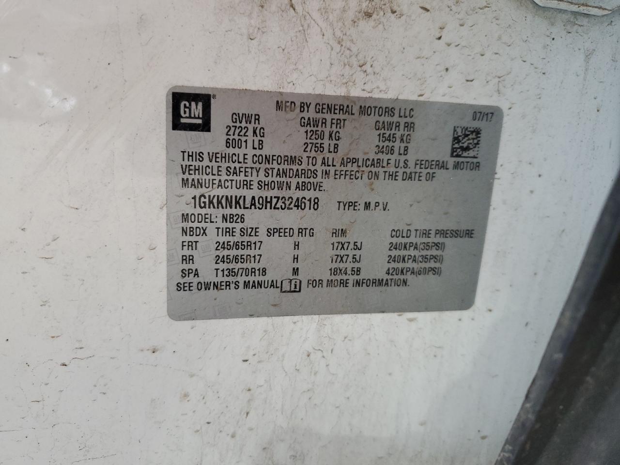 1GKKNKLA9HZ324618 2017 GMC Acadia Sle