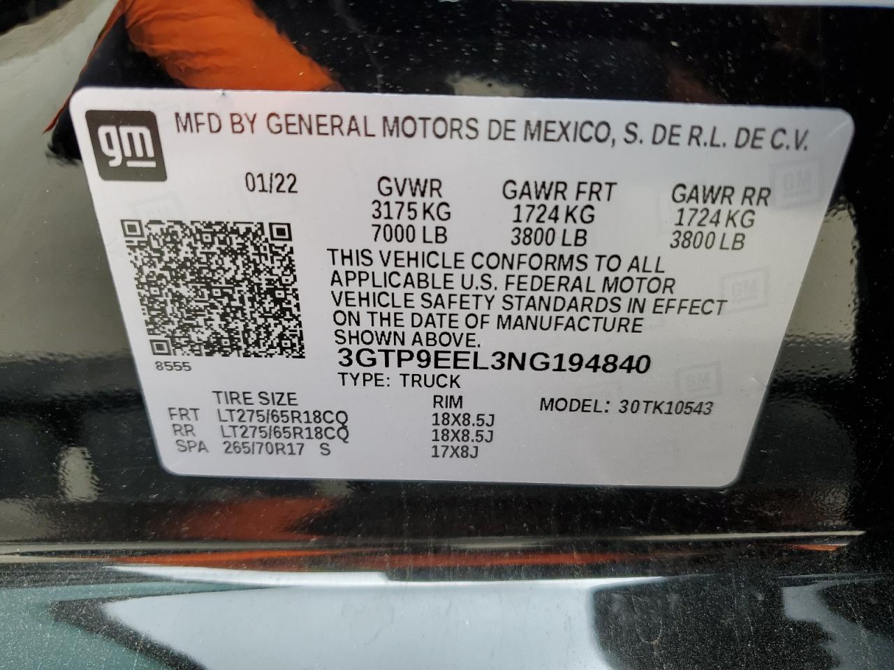 3GTP9EEL3NG194840 2022 GMC Sierra Limited K1500 At4