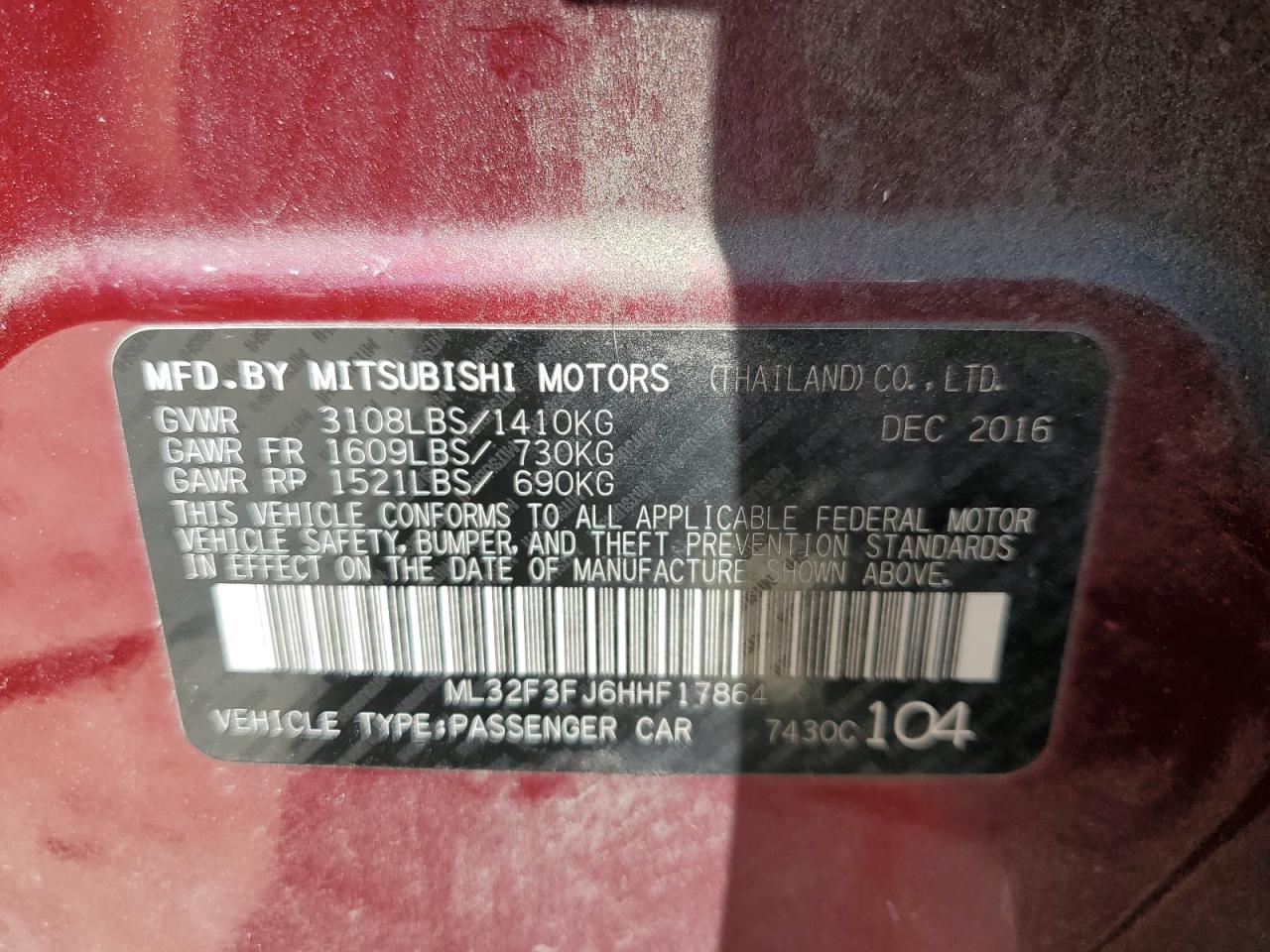 ML32F3FJ6HHF17864 2017 Mitsubishi Mirage G4 Es