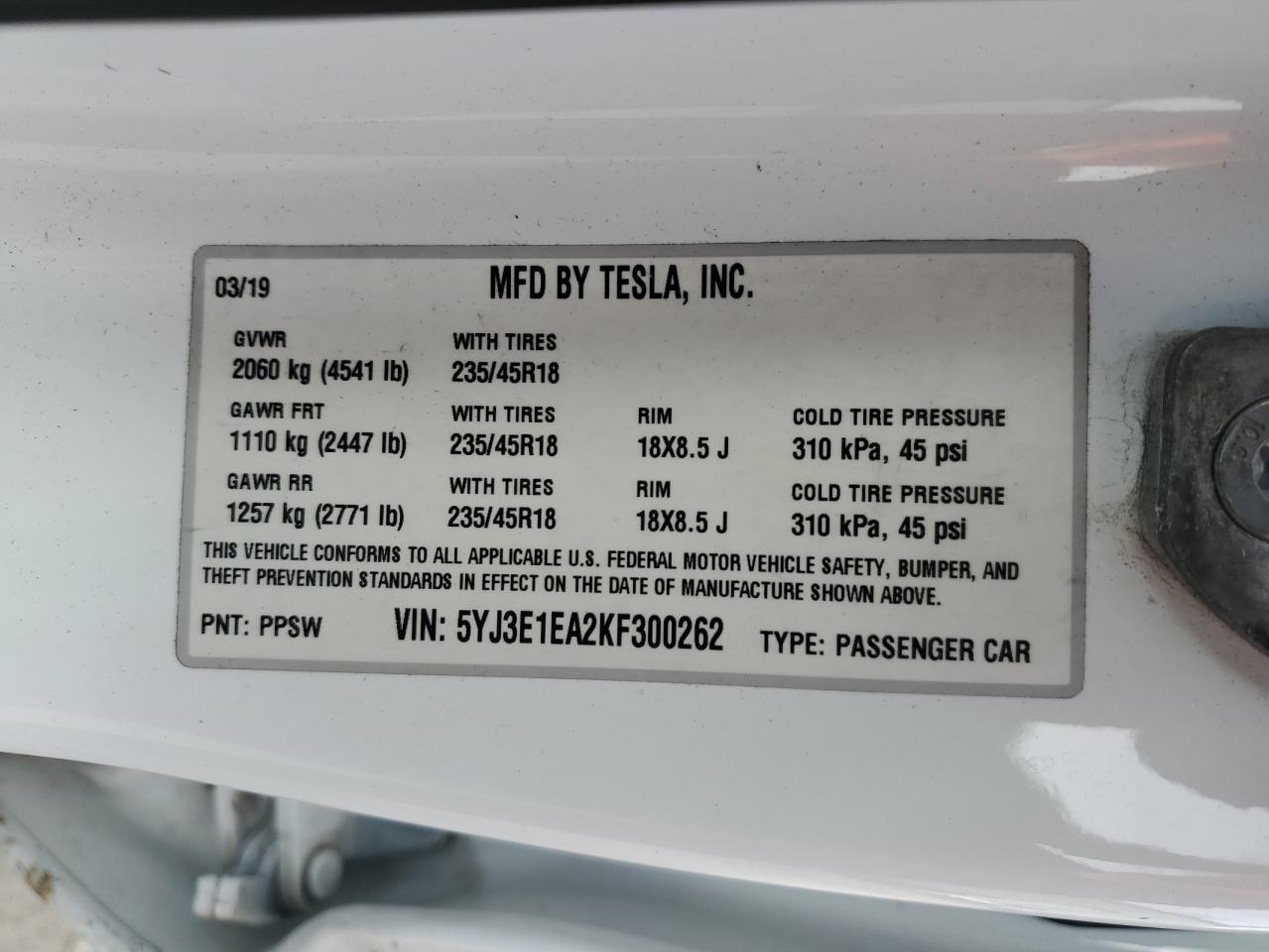 5YJ3E1EA2KF300262 2019 Tesla Model 3