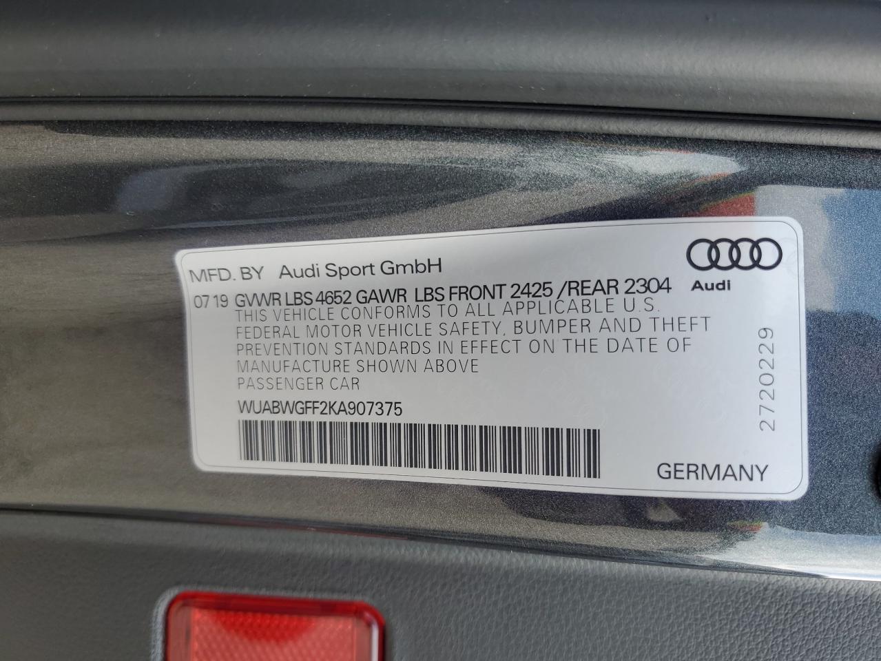 WUABWGFF2KA907375 2019 Audi Rs3