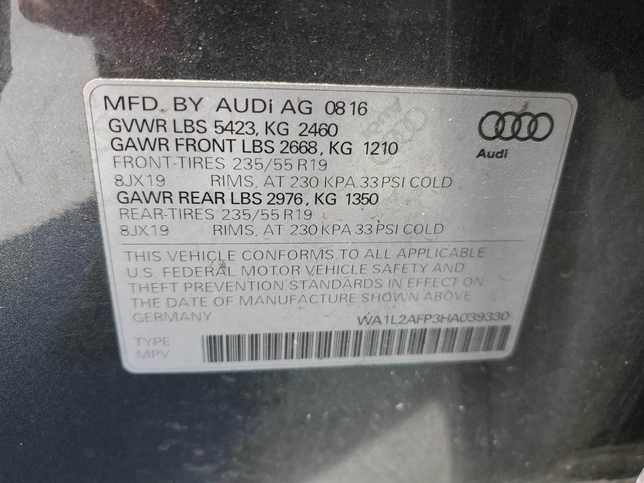 2017 Audi Q5 Premium Plus vin: WA1L2AFP3HA039330