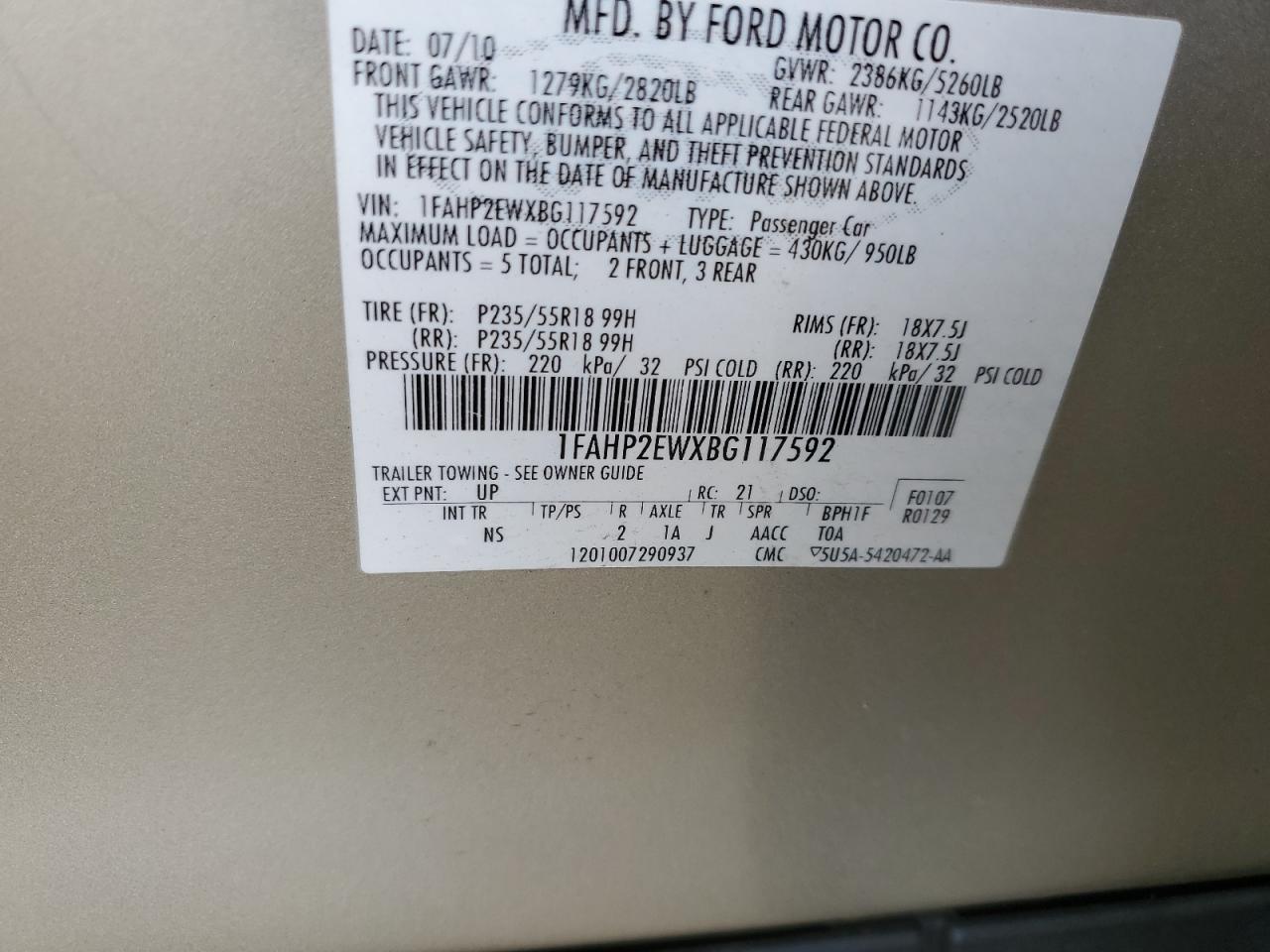 1FAHP2EWXBG117592 2011 Ford Taurus Sel