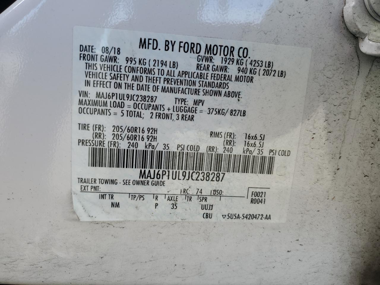 MAJ6P1UL9JC238287 2018 Ford Ecosport Se