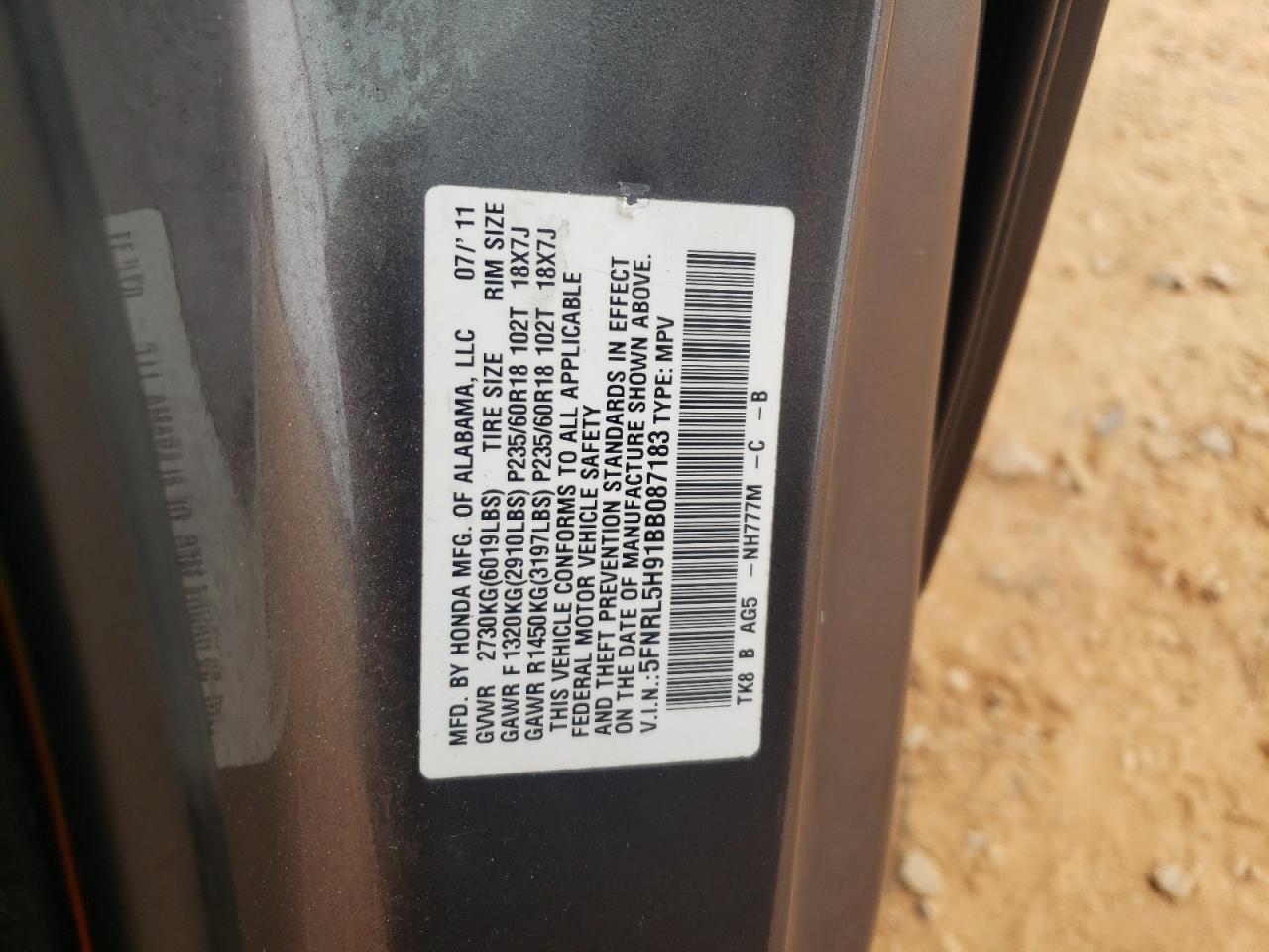 5FNRL5H91BB087183 2011 Honda Odyssey Touring