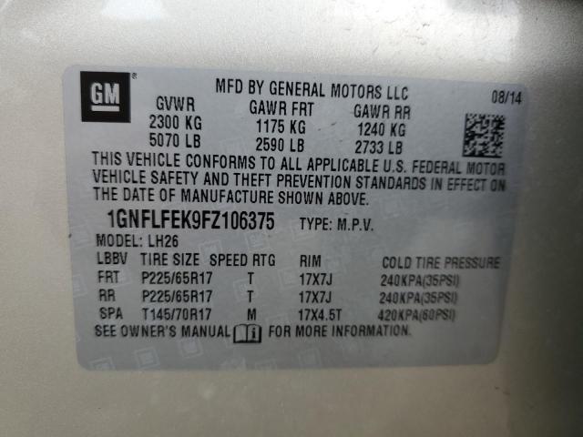 2015 Chevrolet Equinox Lt VIN: 1GNFLFEK9FZ106375 Lot: 51785484