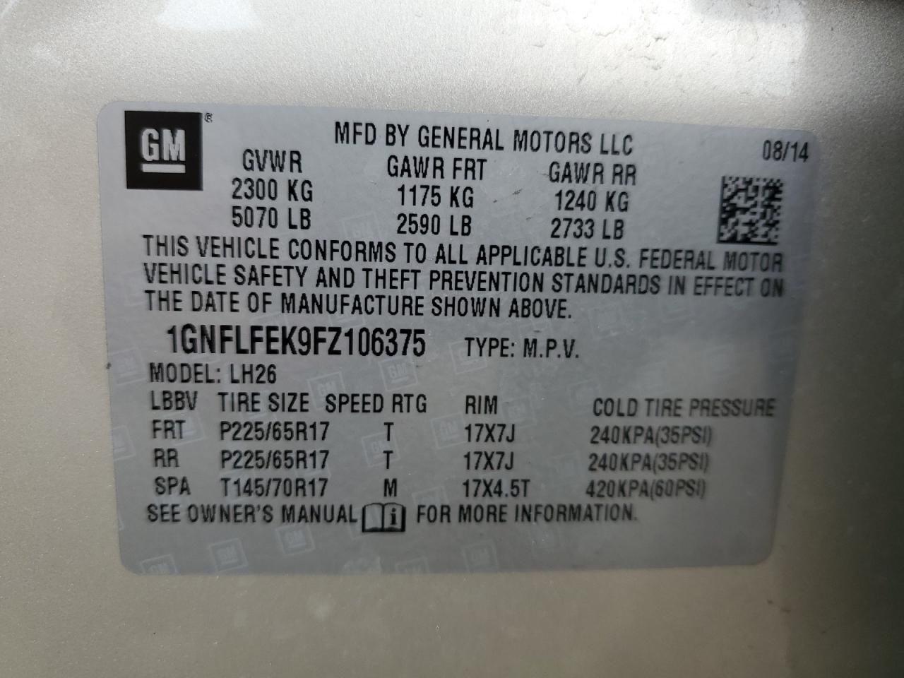 1GNFLFEK9FZ106375 2015 Chevrolet Equinox Lt