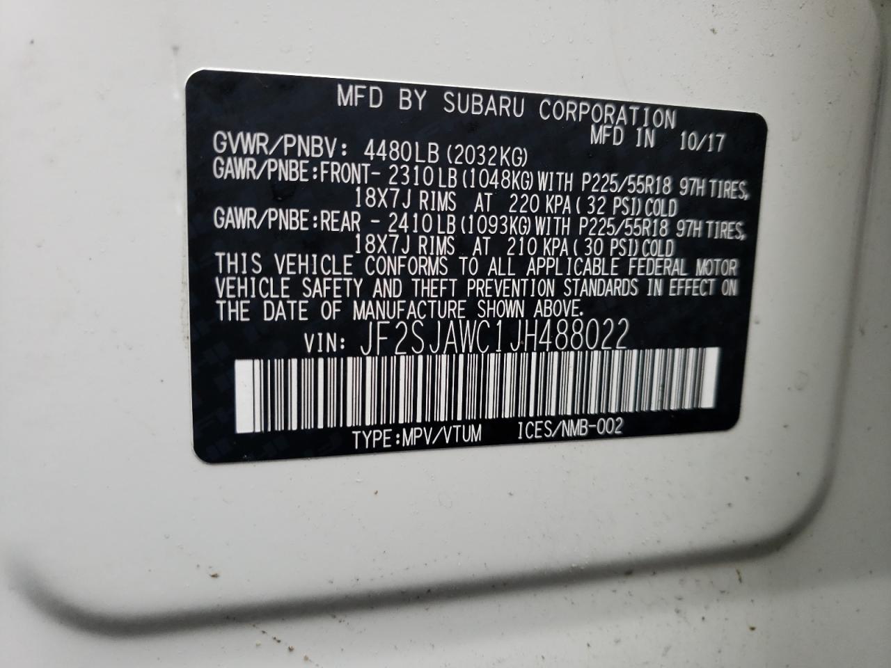 JF2SJAWC1JH488022 2018 Subaru Forester 2.5I Touring