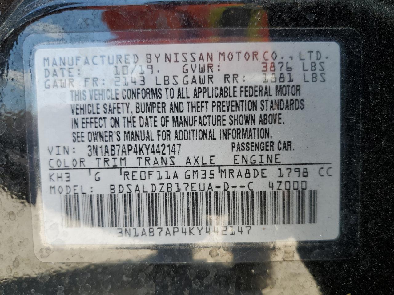 3N1AB7AP4KY442147 2019 Nissan Sentra S