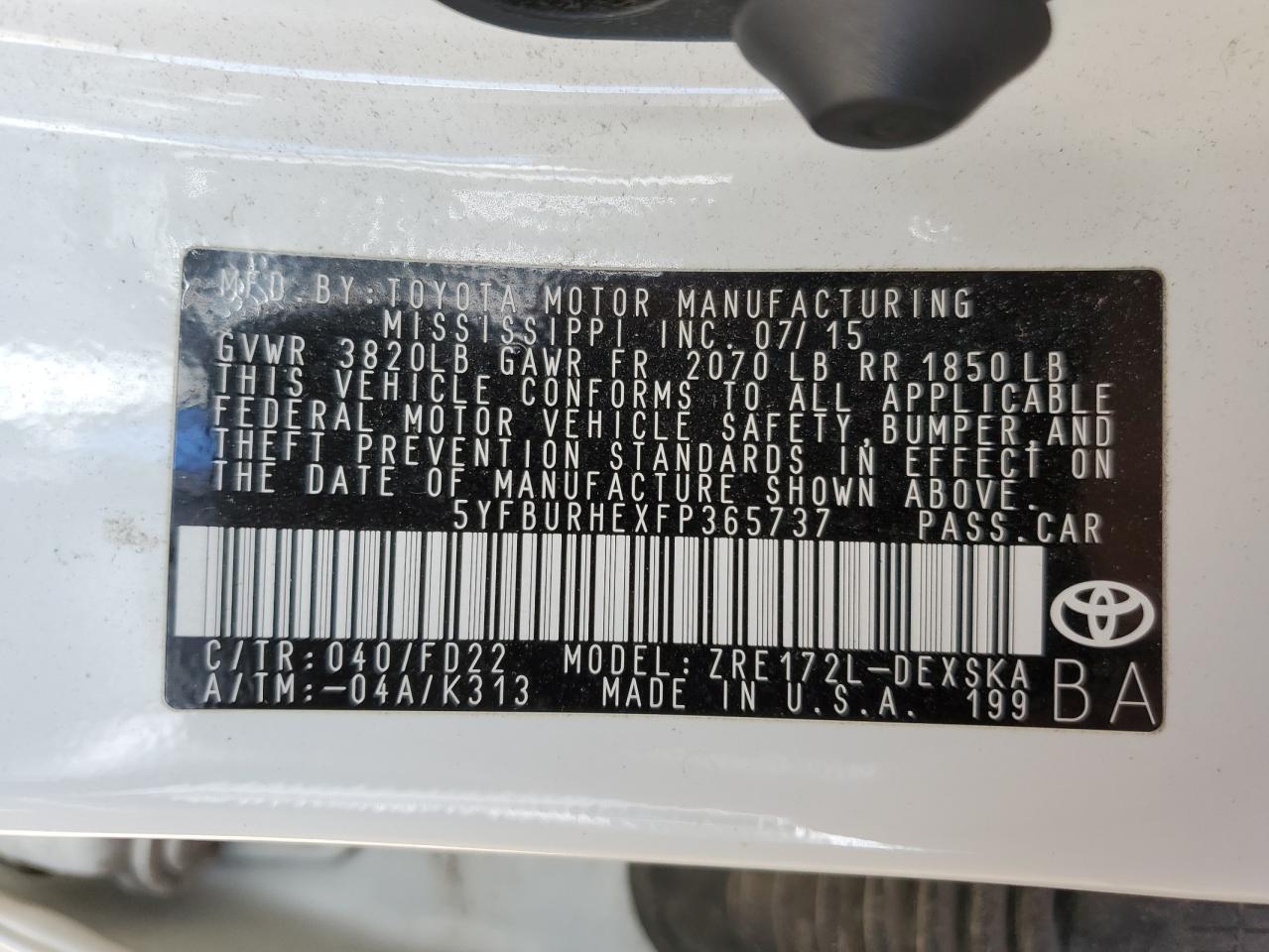 5YFBURHEXFP365737 2015 Toyota Corolla L