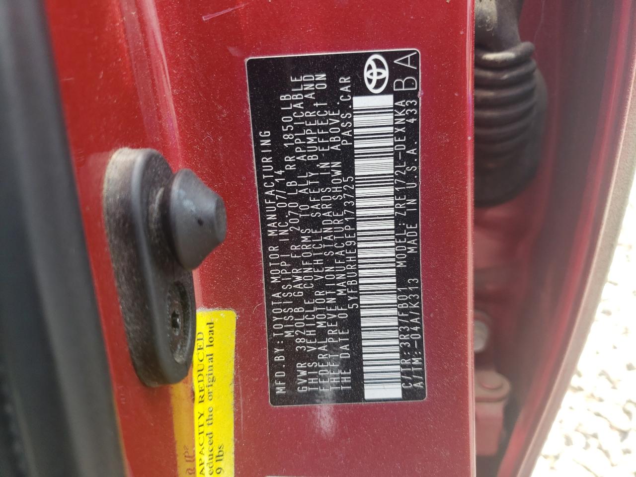 5YFBURHE9EP173725 2014 Toyota Corolla L