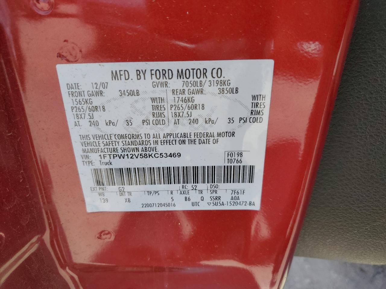 1FTPW12V58KC53469 2008 Ford F150 Supercrew