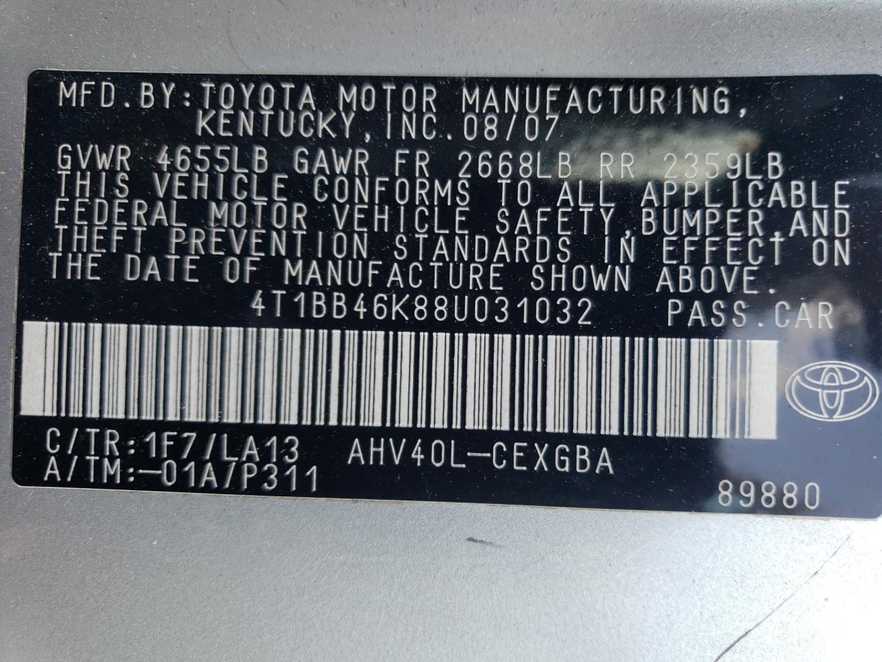 4T1BB46K88U031032 2008 Toyota Camry Hybrid