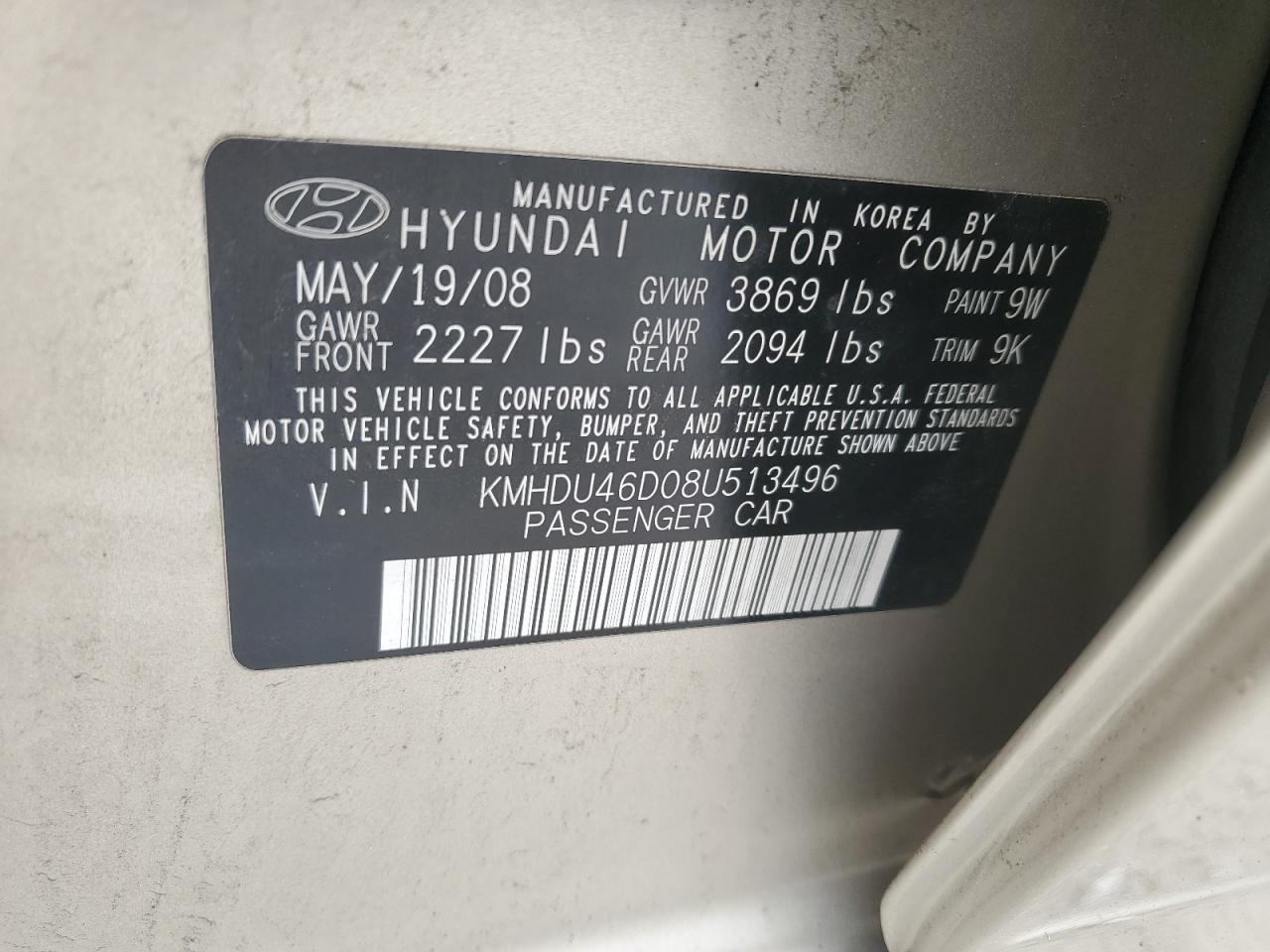 KMHDU46D08U513496 2008 Hyundai Elantra Gls