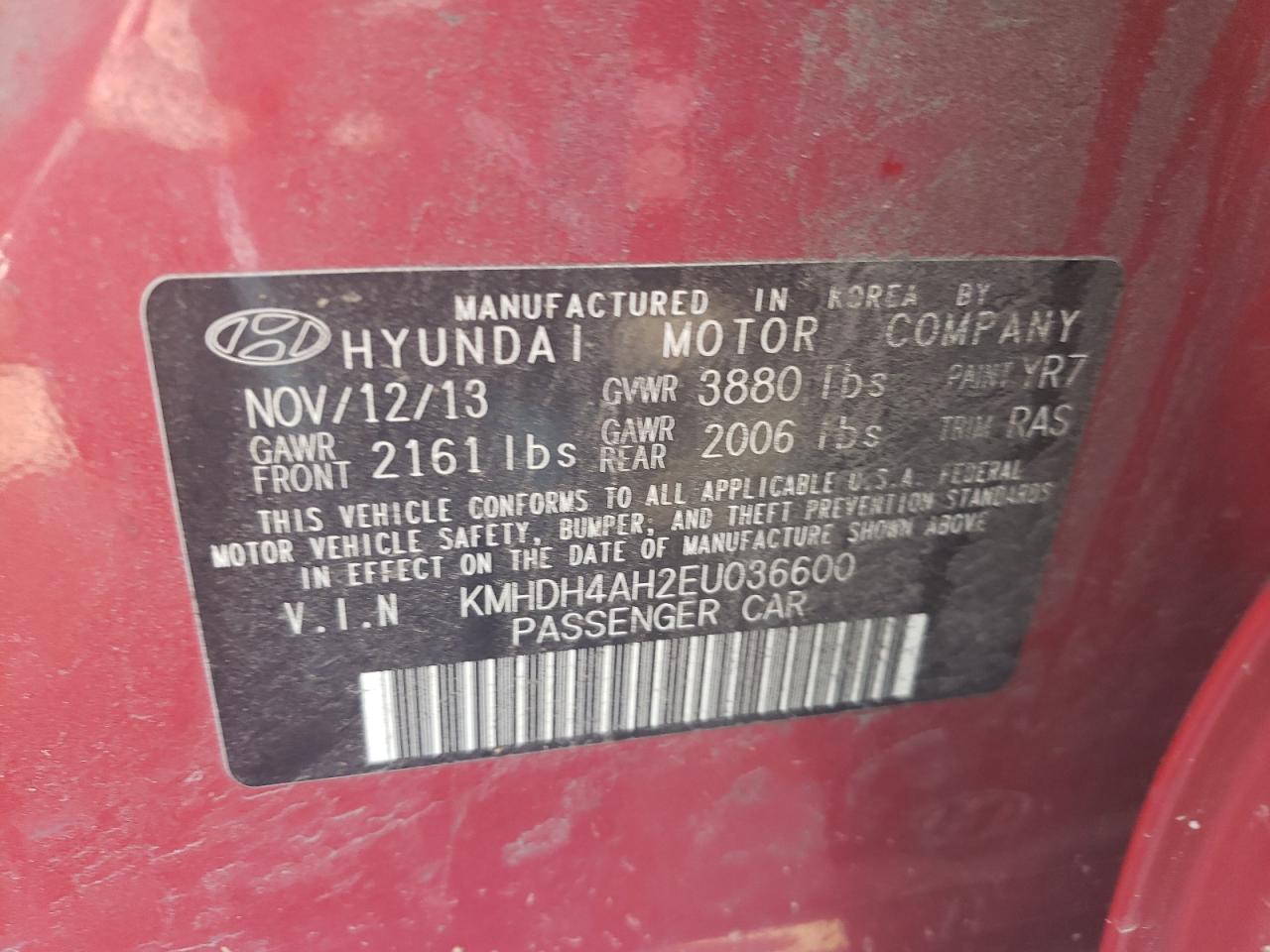 KMHDH4AH2EU036600 2014 Hyundai Elantra Se