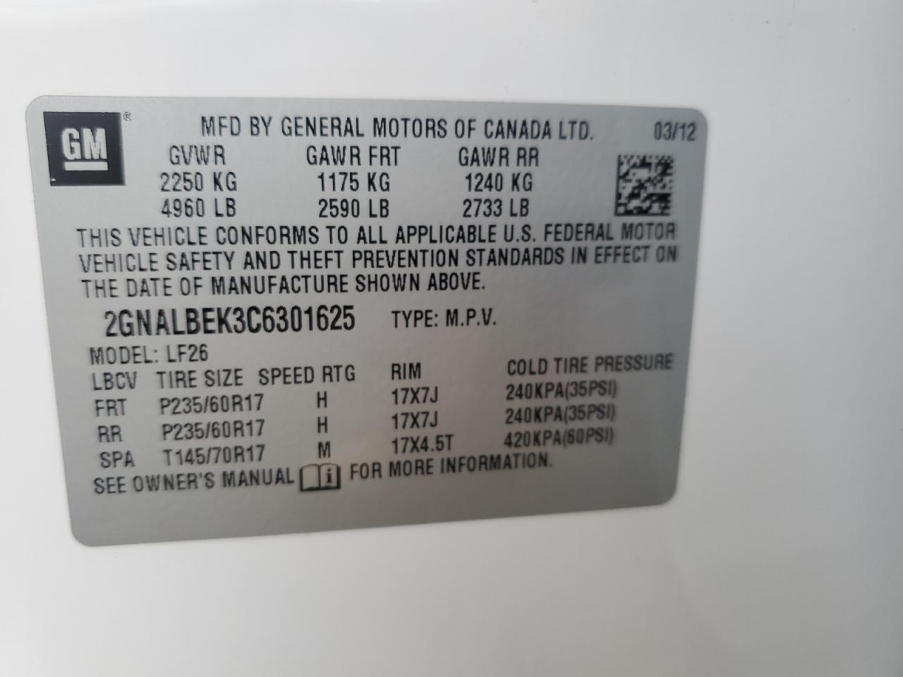 2GNALBEK3C6301625 2012 Chevrolet Equinox Ls