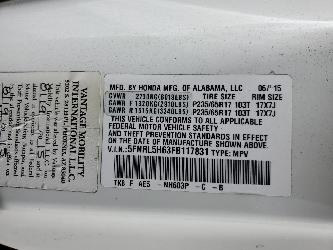 5FNRL5H63FB117831 2015 Honda Odyssey Exl