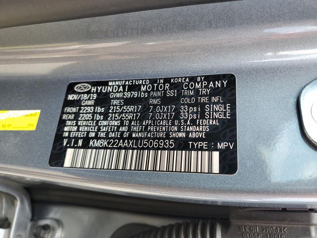 KM8K22AAXLU506935 2020 Hyundai Kona Sel