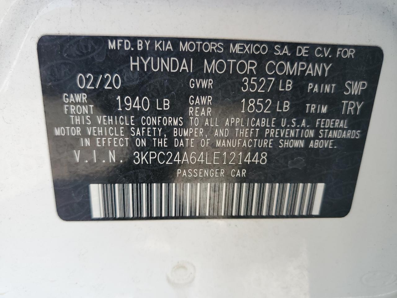 3KPC24A64LE121448 2020 Hyundai Accent Se