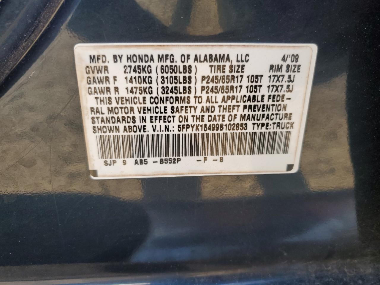 5FPYK16499B102853 2009 Honda Ridgeline Rts