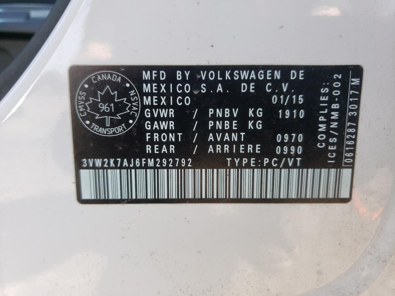 3VW2K7AJ6FM292792 2015 Volkswagen Jetta Base