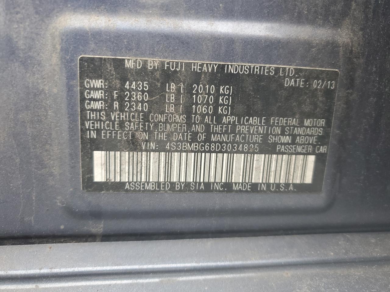 4S3BMBG68D3034825 2013 Subaru Legacy 2.5I Premium