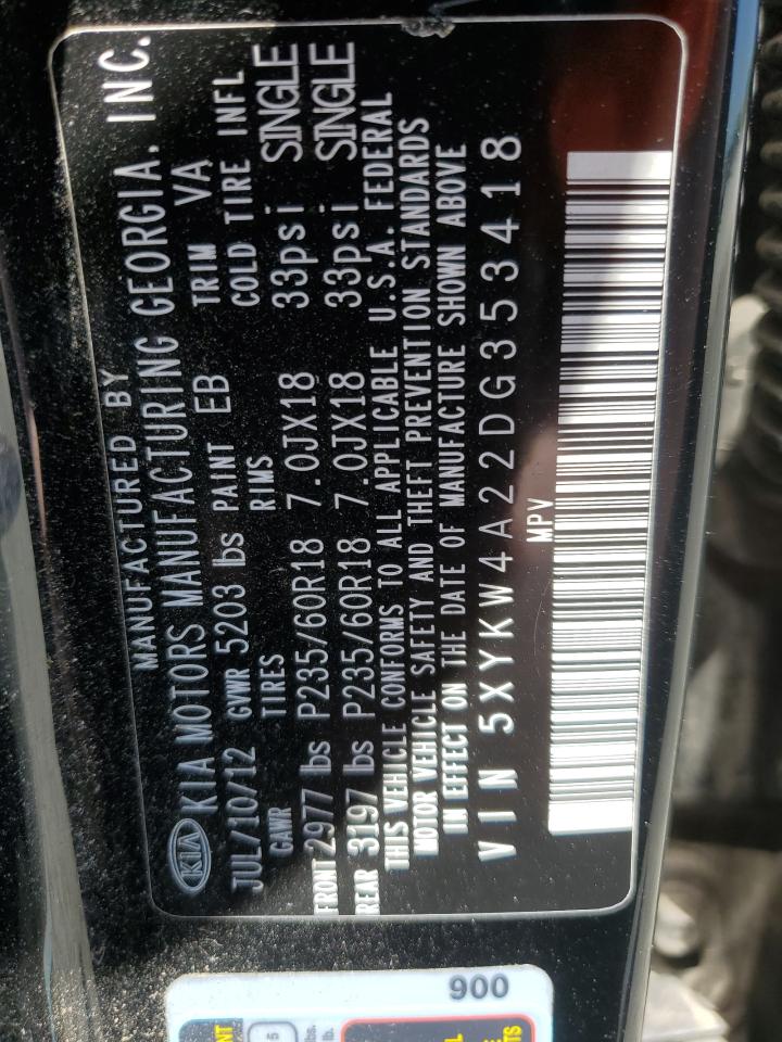 5XYKW4A22DG353418 2013 Kia Sorento Sx