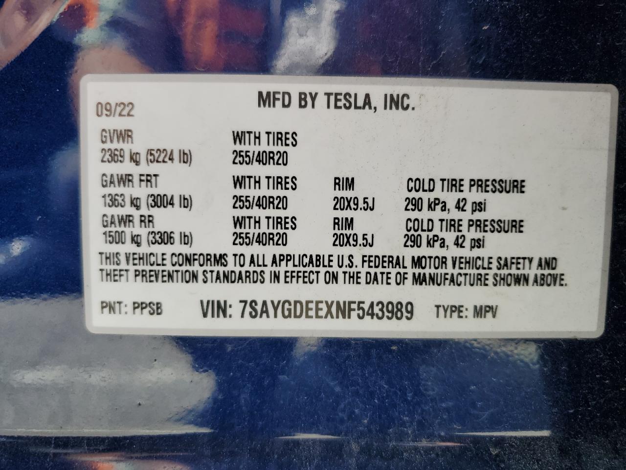 7SAYGDEEXNF543989 2022 Tesla Model Y