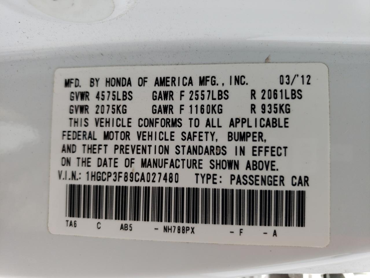 1HGCP3F89CA027480 2012 Honda Accord Exl