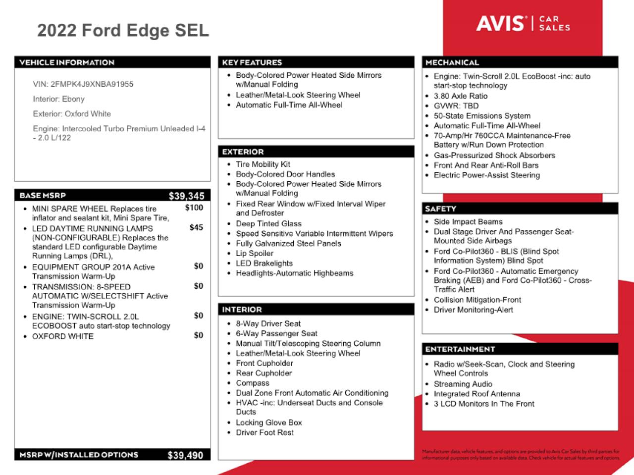 2022 Ford Edge Sel vin: 2FMPK4J9XNBA91955