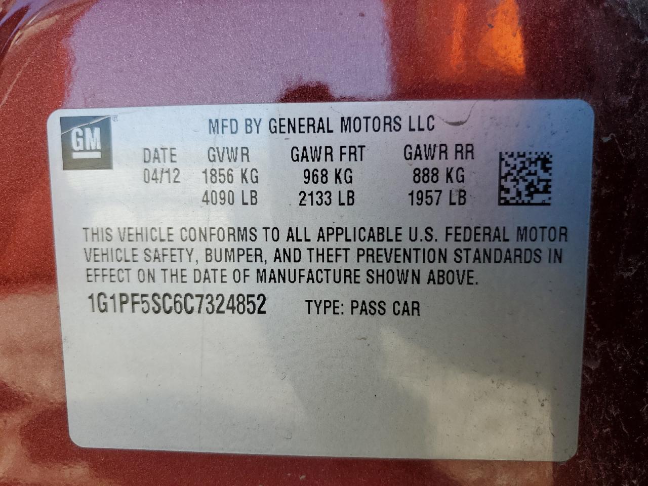 1G1PF5SC6C7324852 2012 Chevrolet Cruze Lt