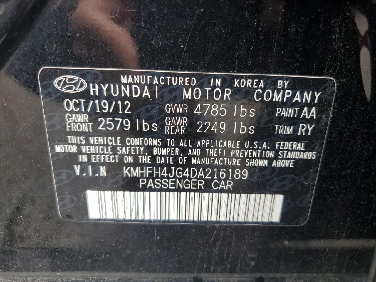 2013 Hyundai Azera Gls vin: KMHFH4JG4DA216189