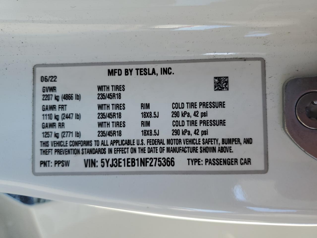5YJ3E1EB1NF275366 2022 Tesla Model 3