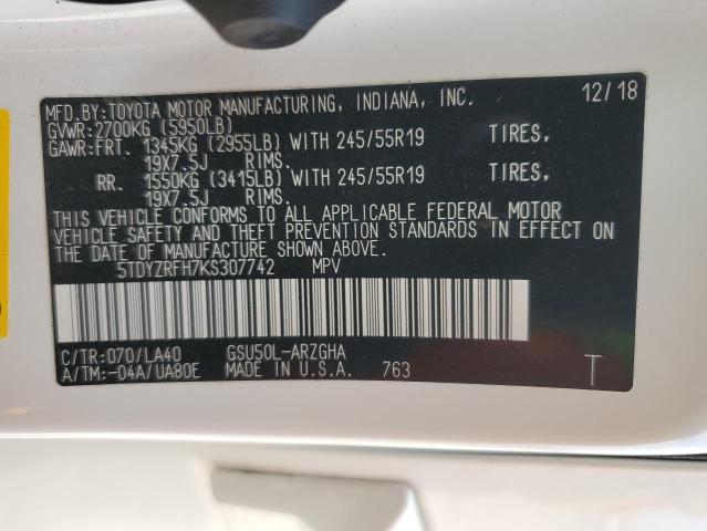 2019 Toyota Highlander Limited VIN: 5TDYZRFH7KS307742 Lot: 51493234