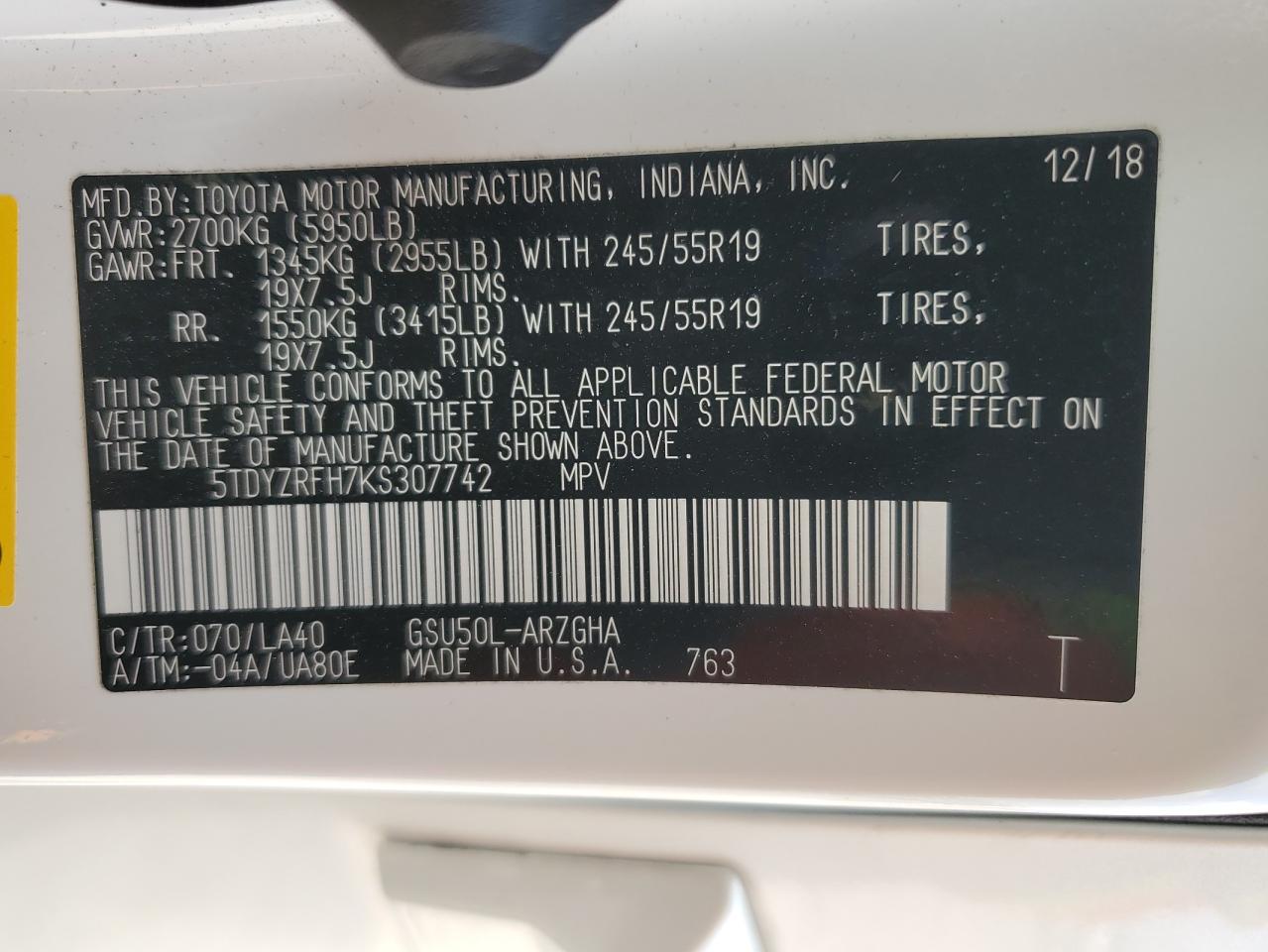 5TDYZRFH7KS307742 2019 Toyota Highlander Limited