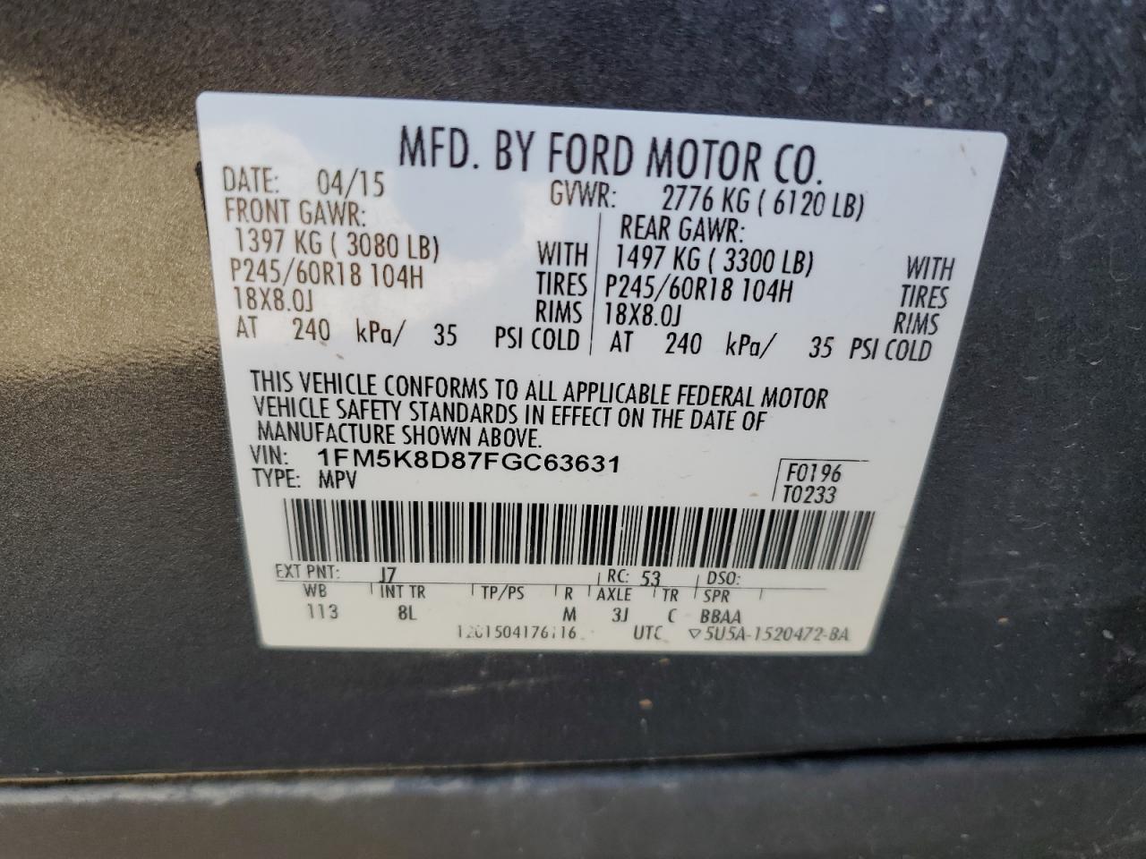 1FM5K8D87FGC63631 2015 Ford Explorer Xlt