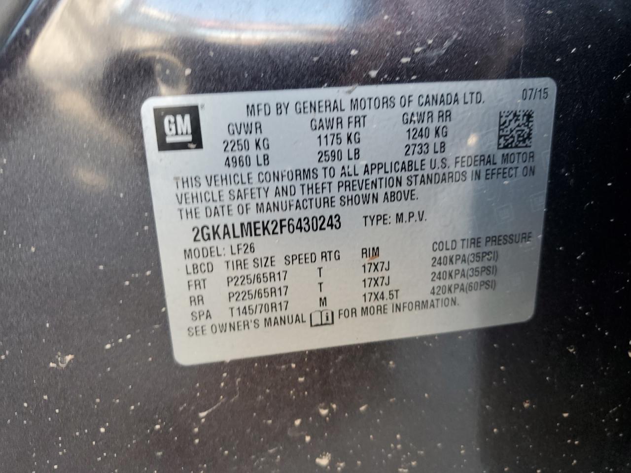 2GKALMEK2F6430243 2015 GMC Terrain Sle