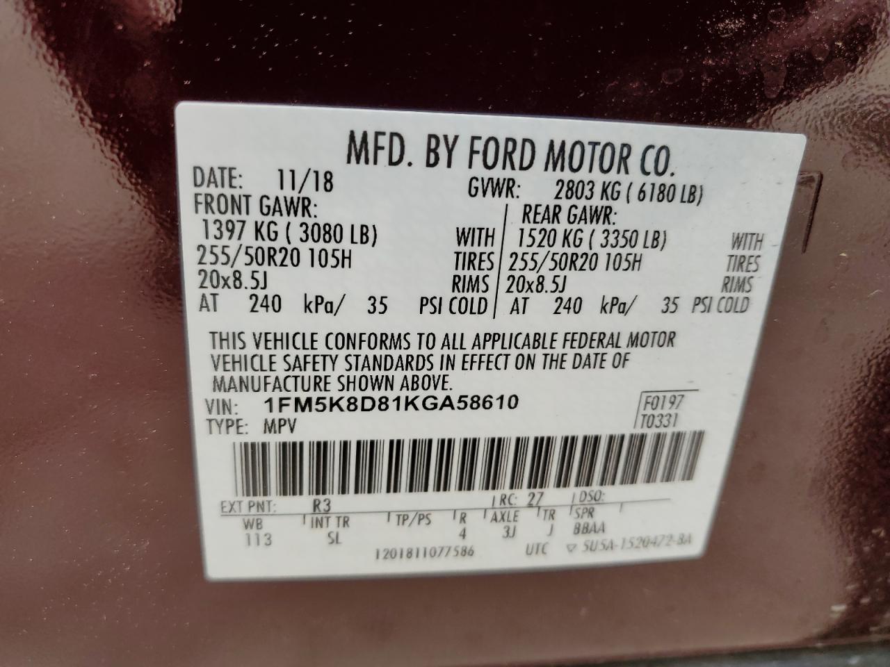 1FM5K8D81KGA58610 2019 Ford Explorer Xlt