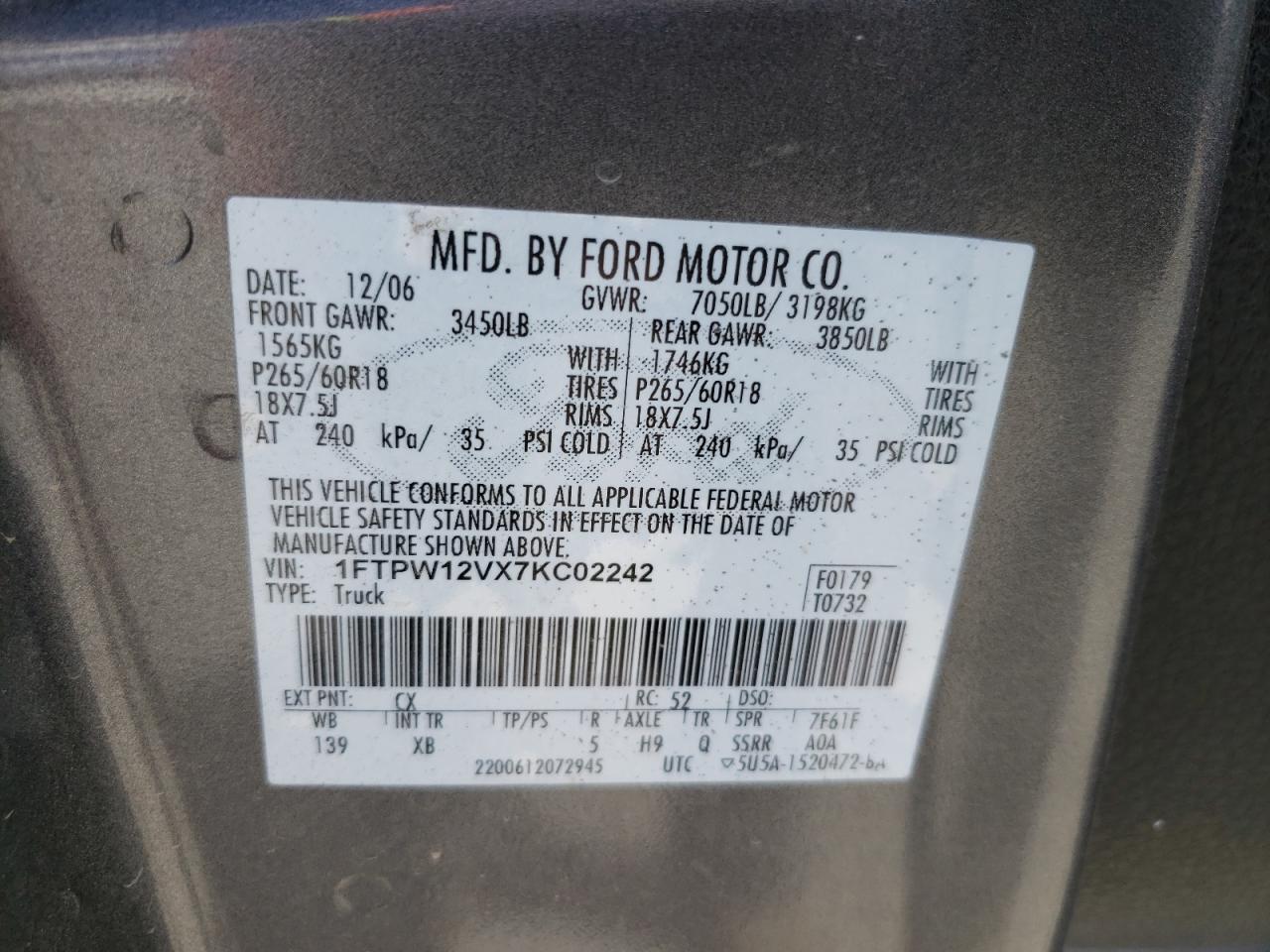 1FTPW12VX7KC02242 2007 Ford F150 Supercrew