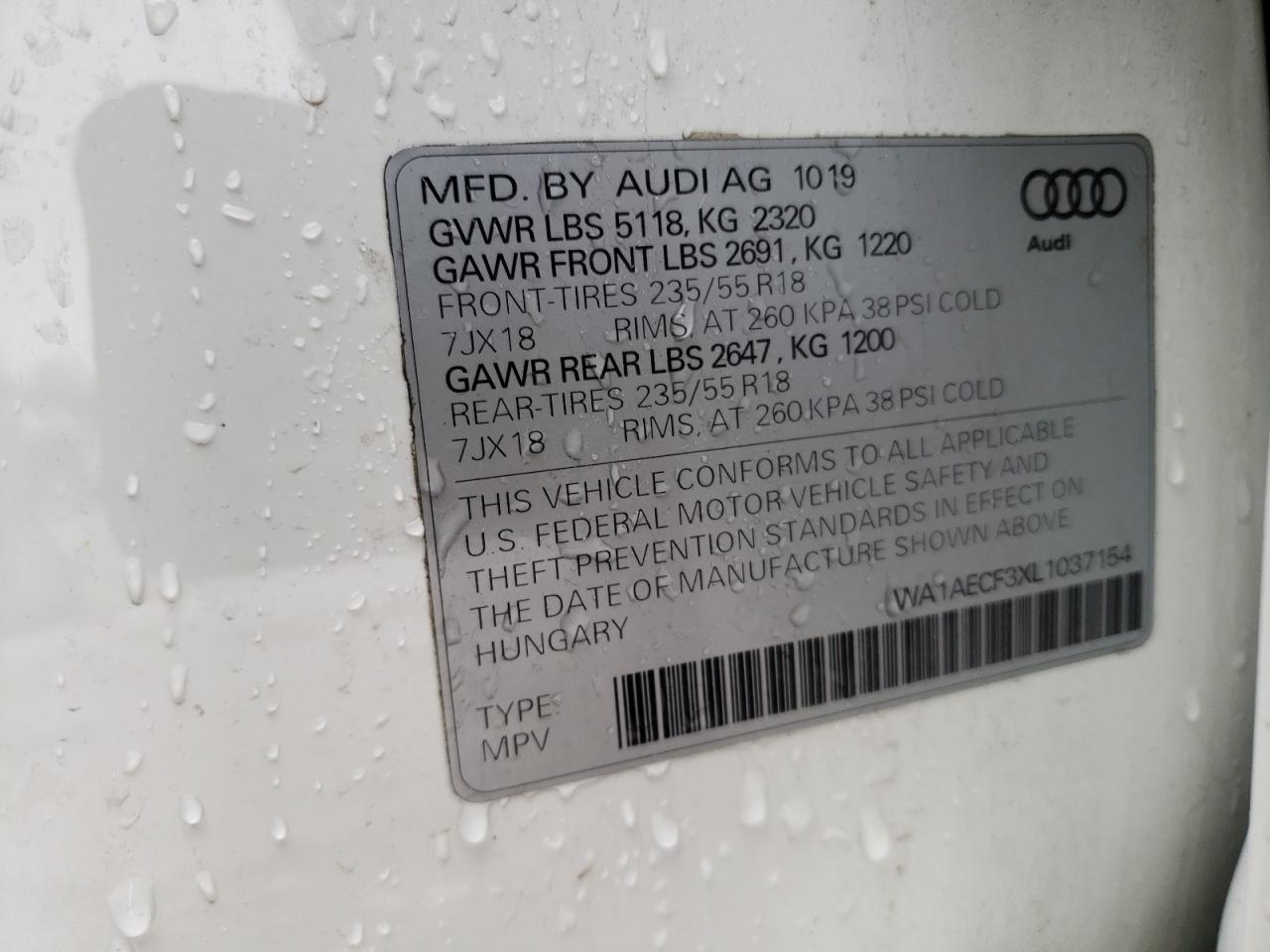 WA1AECF3XL1037154 2020 Audi Q3 Premium