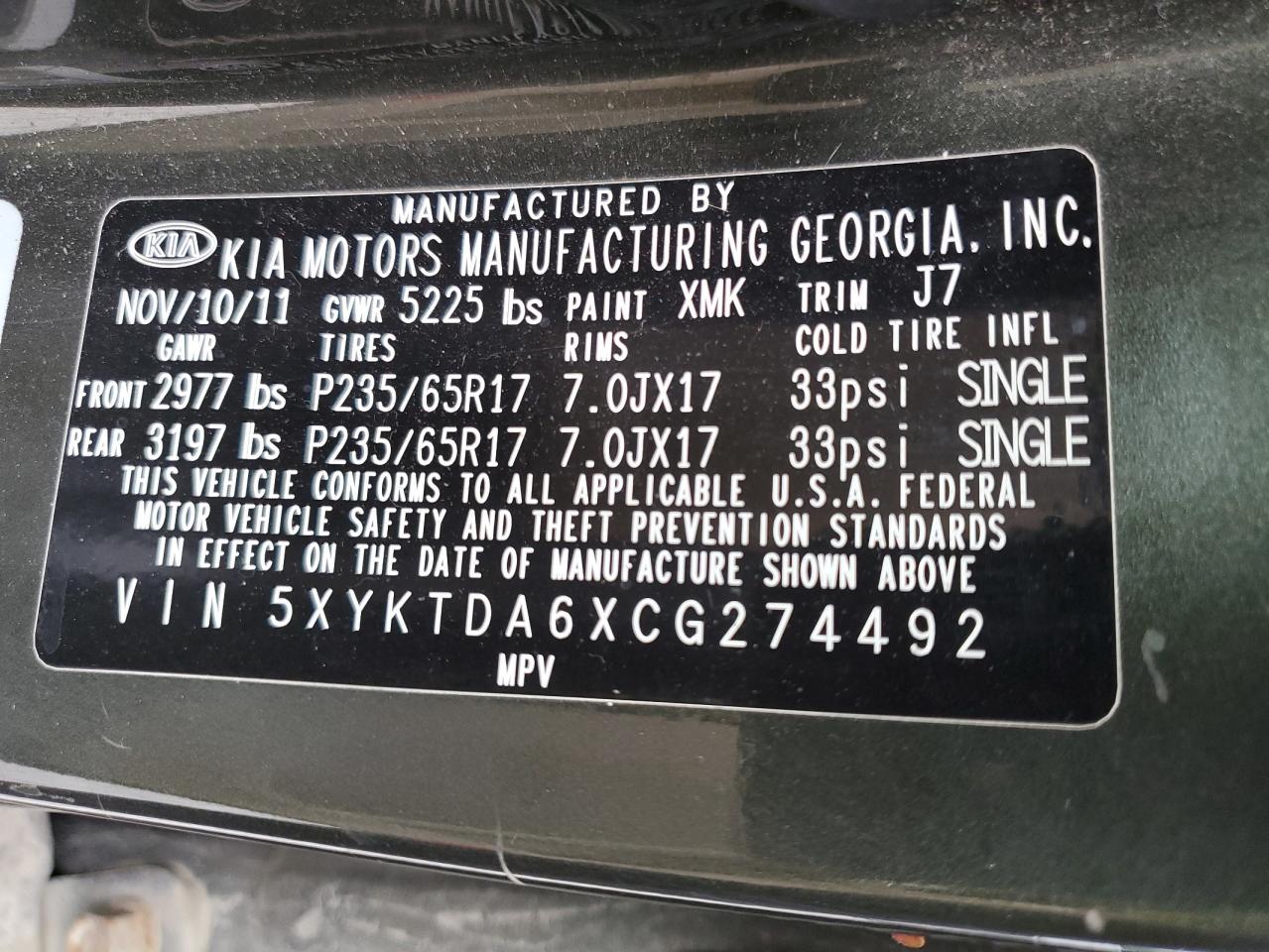 5XYKTDA6XCG274492 2012 Kia Sorento Base