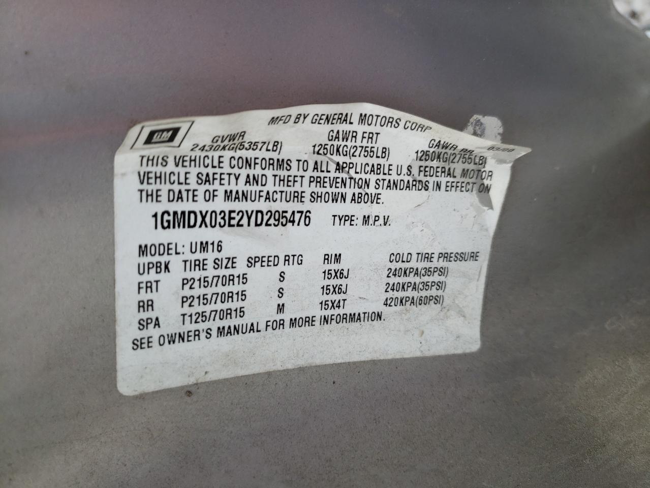 1GMDX03E2YD295476 2000 Pontiac Montana