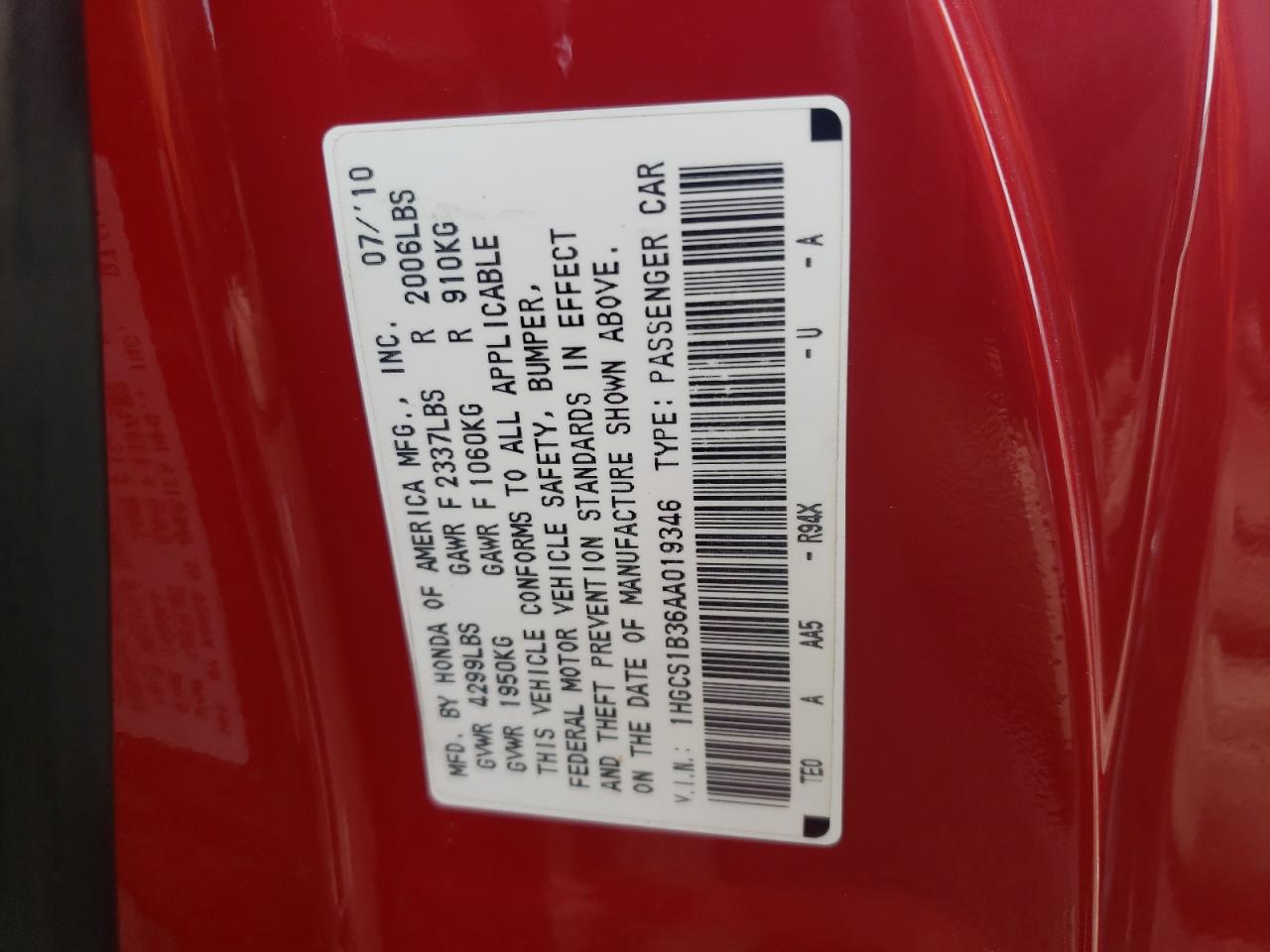 1HGCS1B36AA019346 2010 Honda Accord Lx