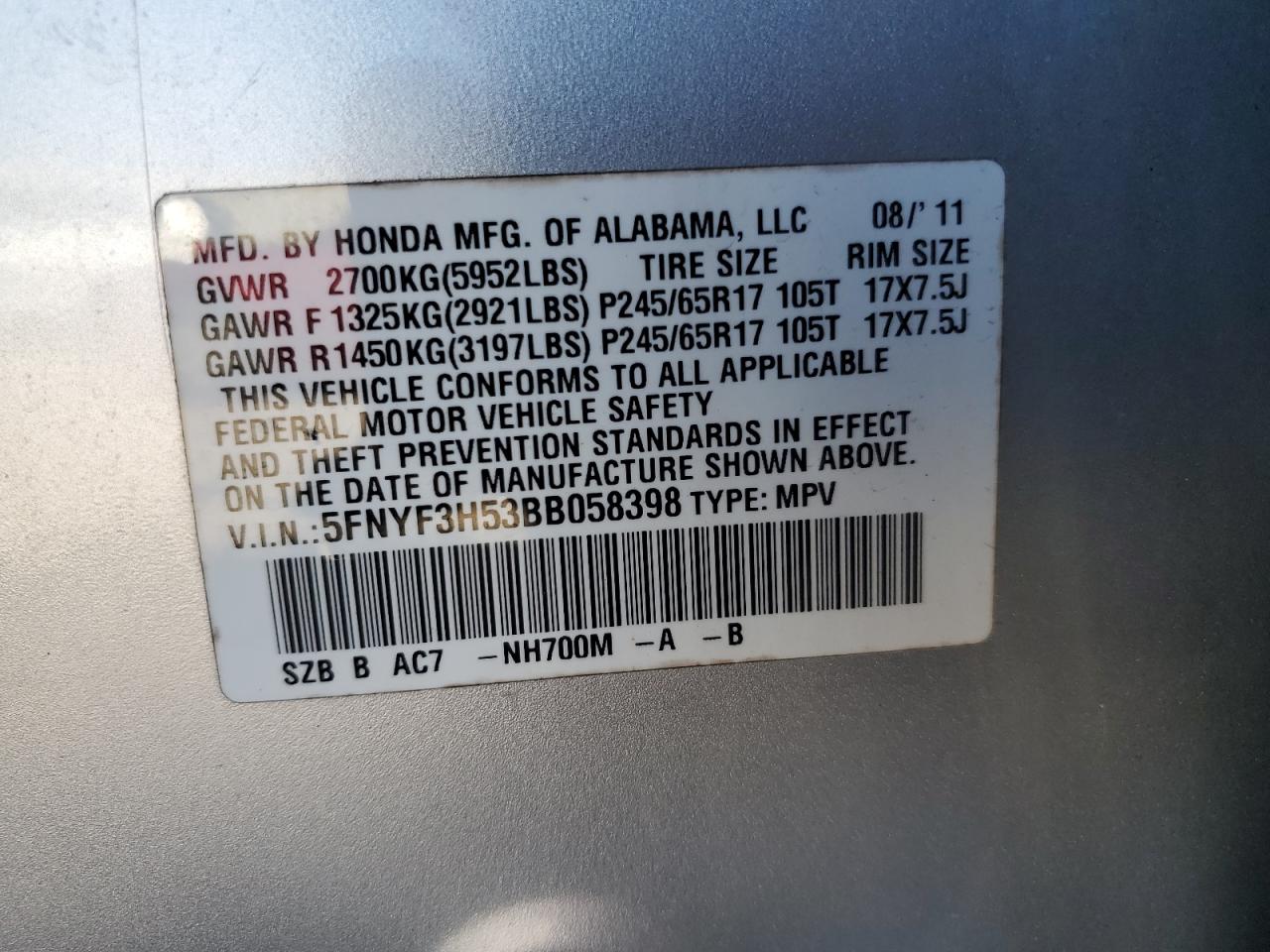 5FNYF3H53BB058398 2011 Honda Pilot Exl