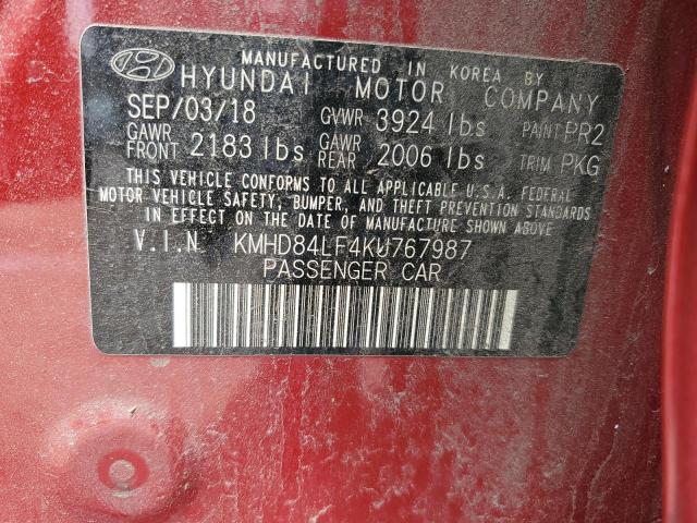 2019 Hyundai Elantra Sel VIN: KMHD84LF4KU767987 Lot: 52165424