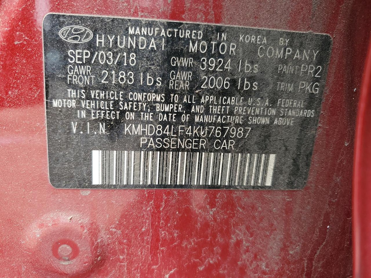 KMHD84LF4KU767987 2019 Hyundai Elantra Sel