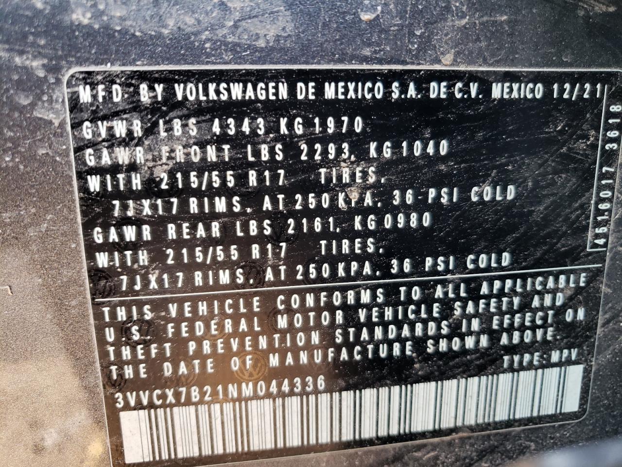 3VVCX7B21NM044336 2022 Volkswagen Taos S