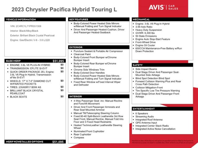 2023 Chrysler Pacifica Hybrid Touring L VIN: 2C4RC1L71PR551308 Lot: 49790414