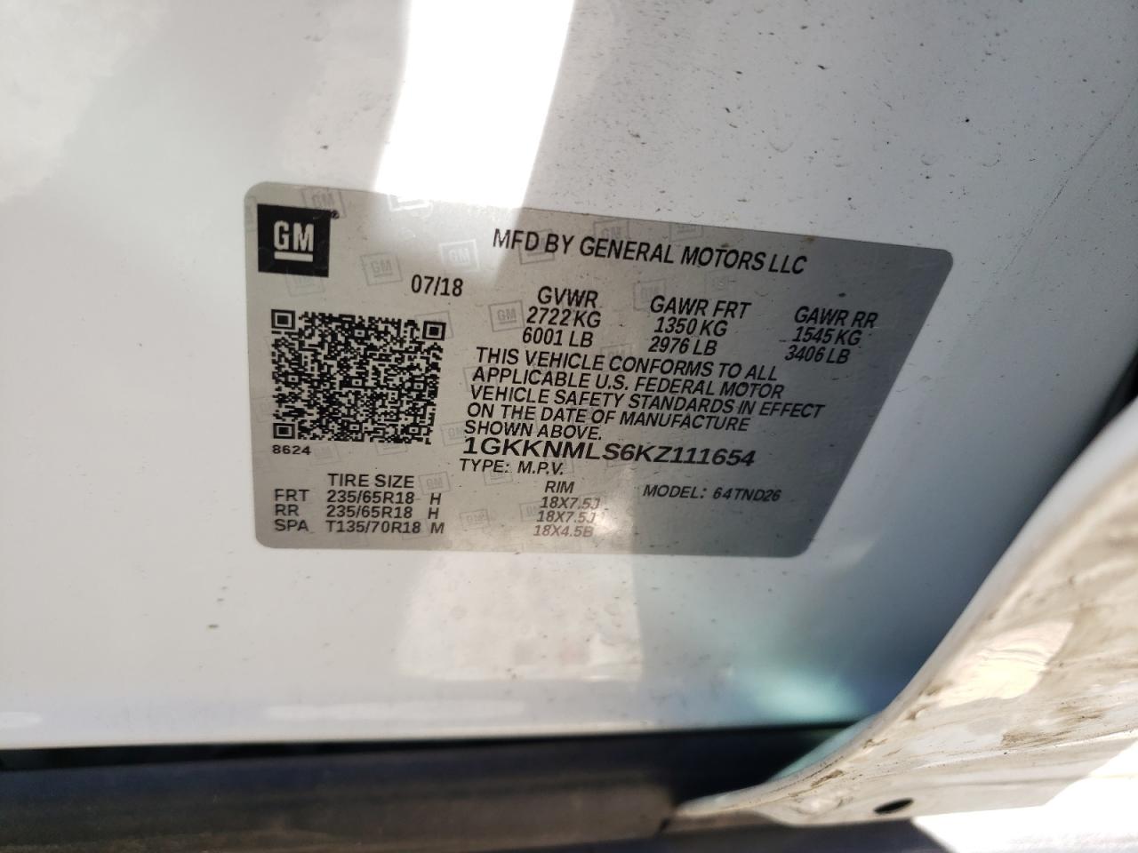 1GKKNMLS6KZ111654 2019 GMC Acadia Slt-1